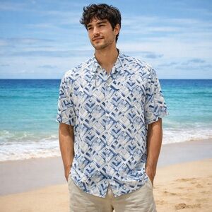 Tommy Bahama 100% Silk Shirt XXXL Blue Geometric Print Short Sleeve Camp